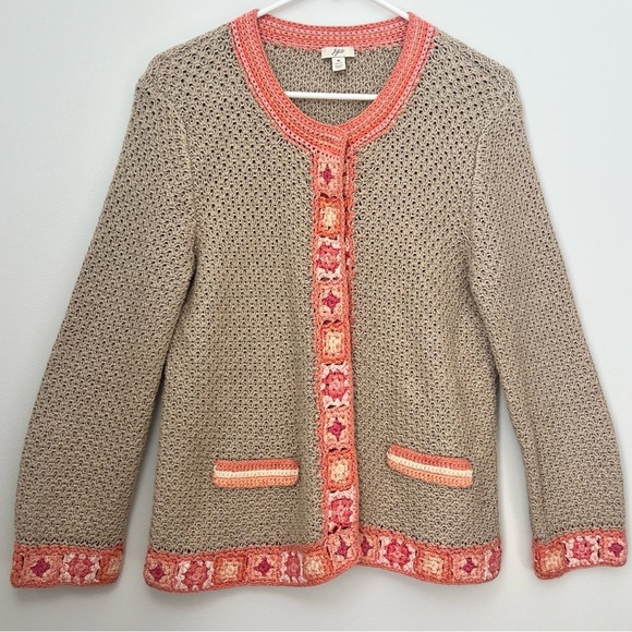 J Jill Linen Open Knit Crochet Cardigan Beige Granny Square Size Medium Petite - Picture 1 of 11